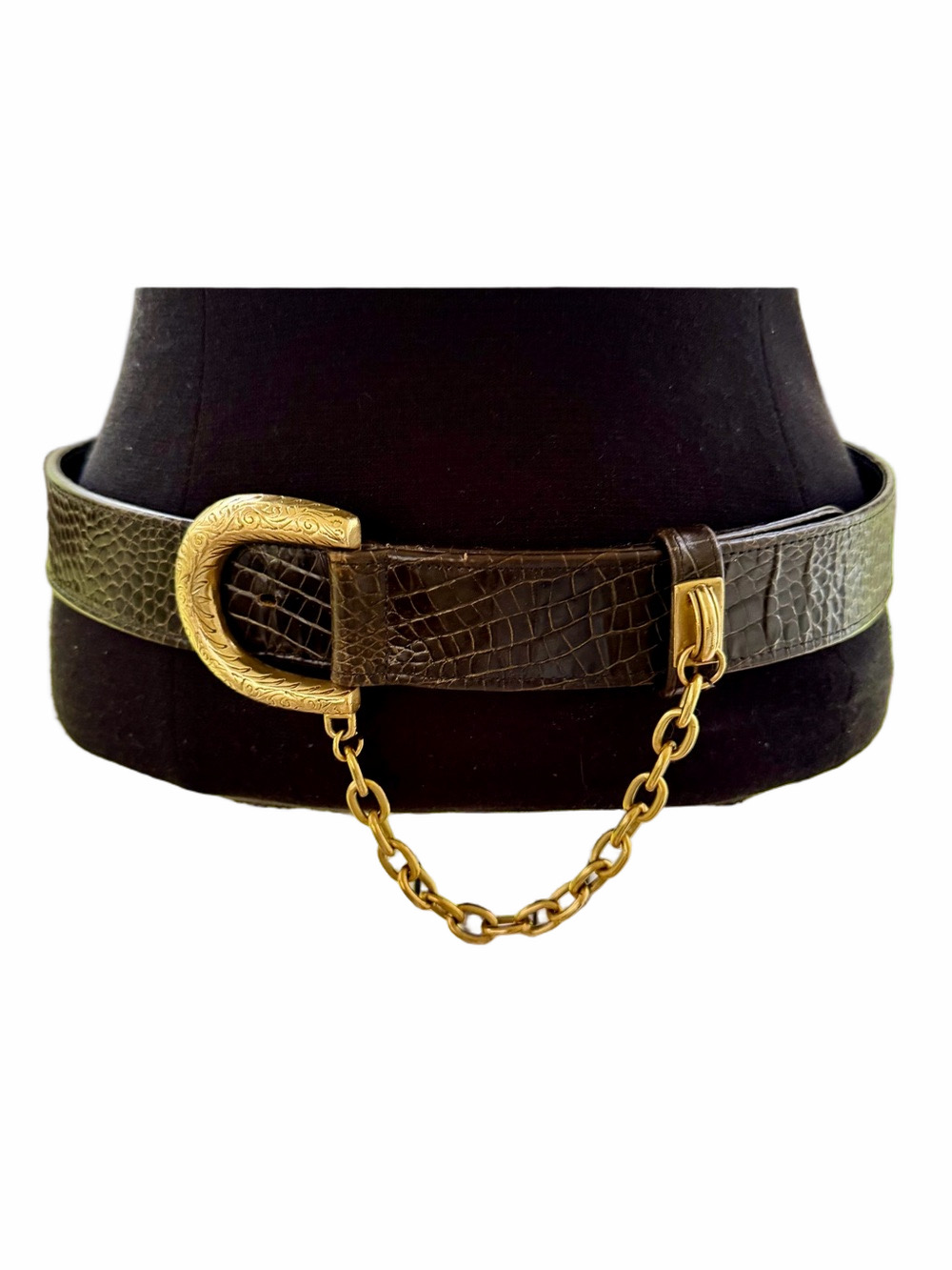 Rare Vintage Carlisle Belt Floral Gold Tone Buckle Chain Croc Dark Brown Size XL
